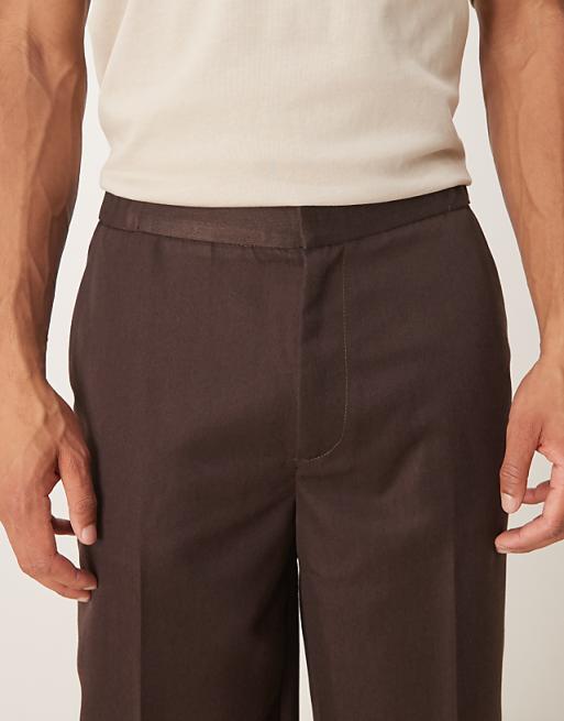 ASOS DESIGN Smart Straight Leg Trouser With Part Elastic Waistband And Cuff In Brown