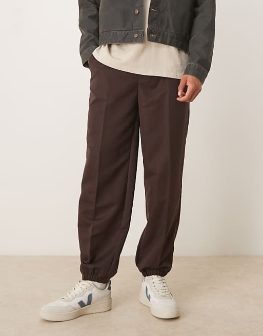 ASOS DESIGN smart straight leg trouser with part elastic waistband and cuff in brown