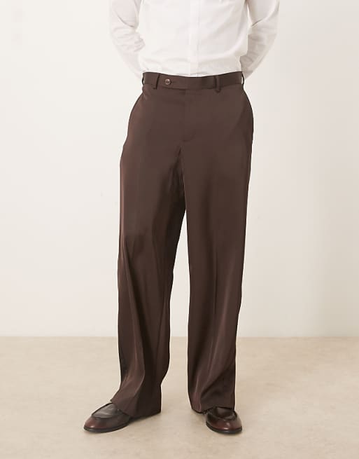 ASOS DESIGN Smart Wide Leg Trousers In Dark Brown Satin