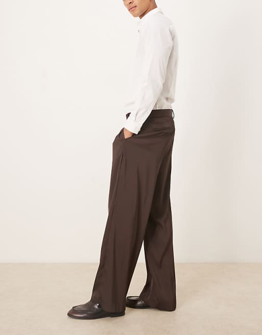 ASOS DESIGN Smart Wide Leg Trousers In Dark Brown Satin