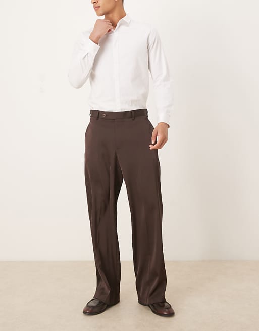 ASOS DESIGN smart wide leg trousers in dark brown satin