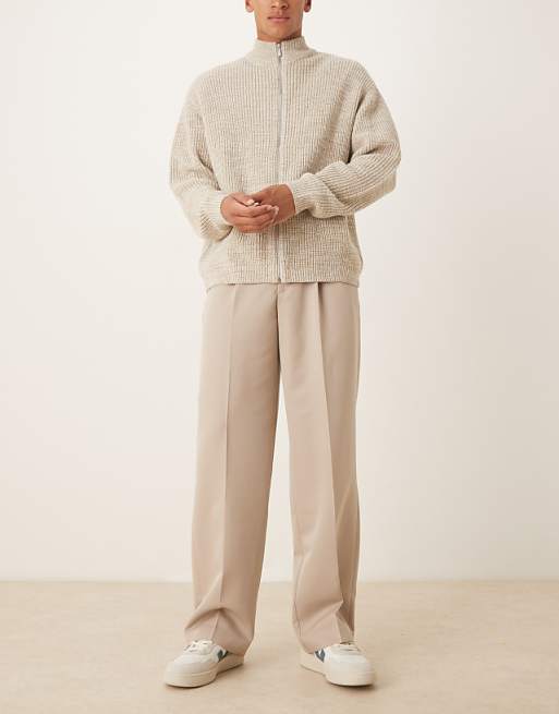ASOS DESIGN Smart Wide Leg Trousers With Front Pleats In Stone