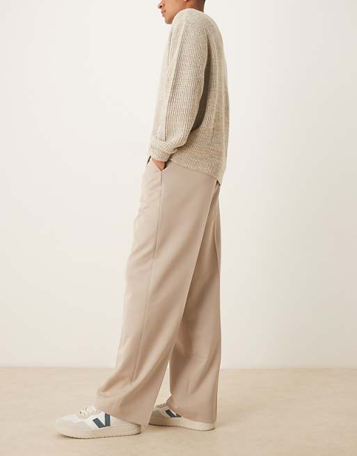 ASOS DESIGN Smart Wide Leg Trousers With Front Pleats In Stone