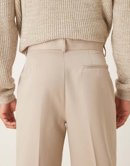 ASOS DESIGN Smart Wide Leg Trousers With Front Pleats In Stone