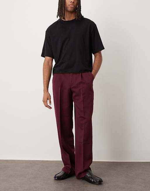 ASOS DESIGN Smart Wide Leg Trousers With Front Pleats In Burgundy