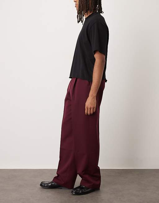 ASOS DESIGN Smart Wide Leg Trousers With Front Pleats In Burgundy