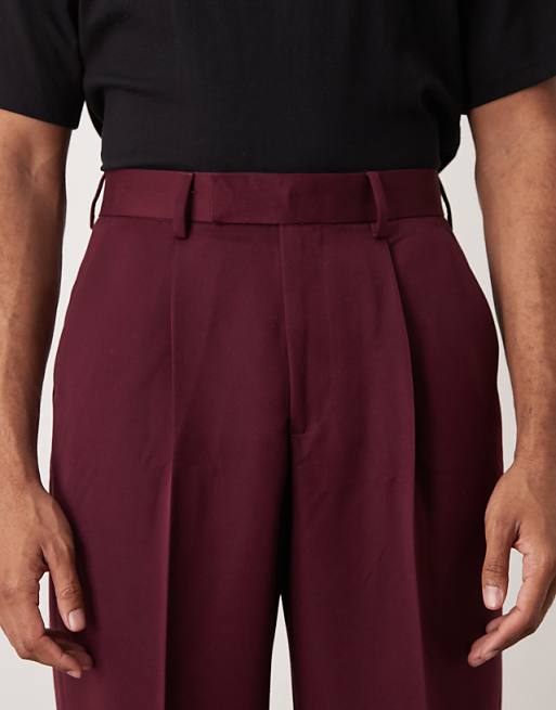 ASOS DESIGN Smart Wide Leg Trousers With Front Pleats In Burgundy