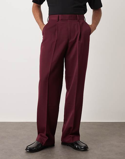 ASOS DESIGN smart wide leg trousers with front pleats in burgundy