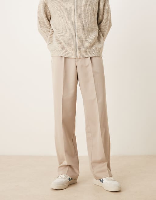 ASOS DESIGN smart wide leg trousers with front pleats in stone