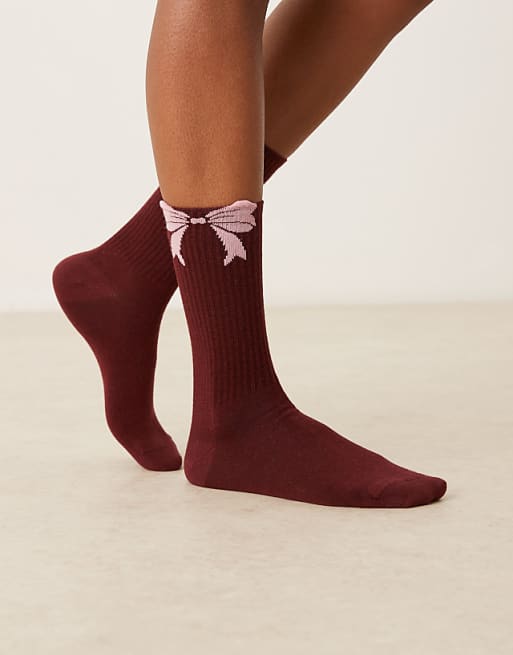 ASOS DESIGN socks with bow design in burgundy and pink
