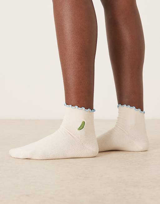 ASOS DESIGN socks with embroidered pickle design and frill edge in light blue