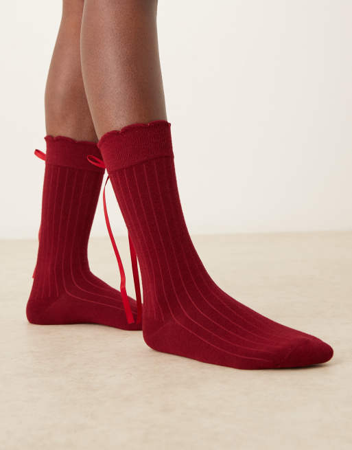 ASOS DESIGN Socks With Ribbon Detail In Wine Red