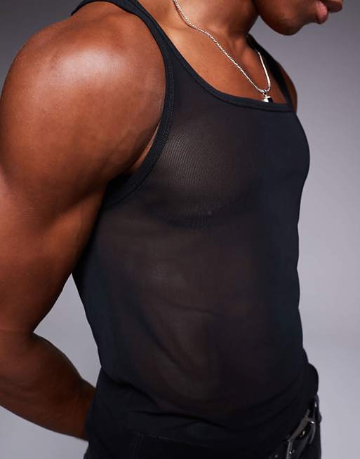 ASOS DESIGN Square Neck Muscle Fit Vest In Black Mesh
