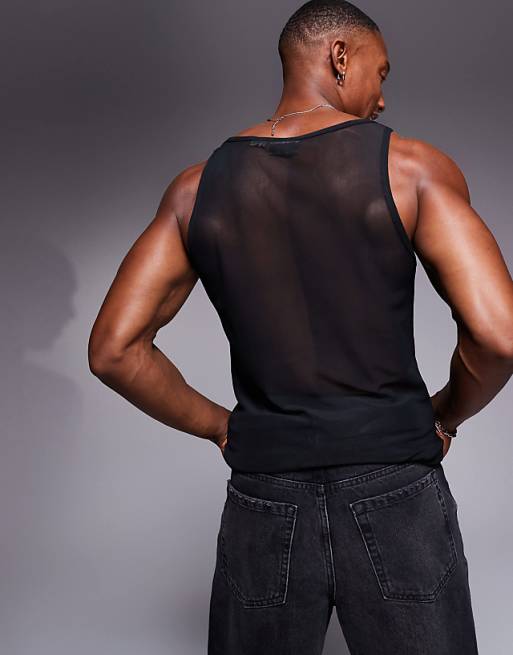 ASOS DESIGN Square Neck Muscle Fit Vest In Black Mesh