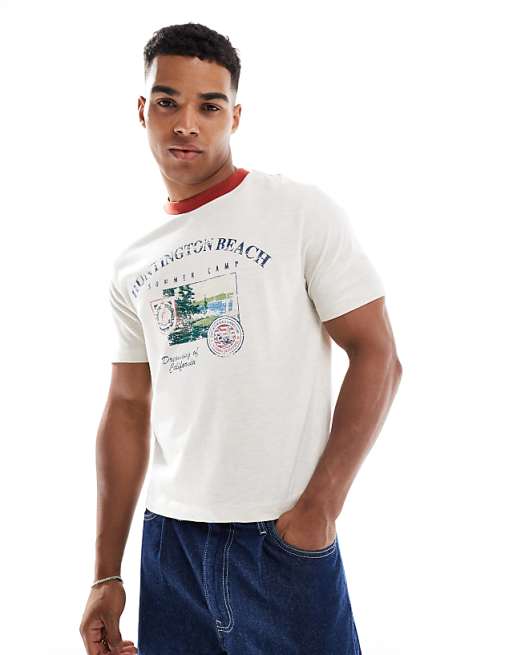 ASOS DESIGN standard cropped t-shirt with chest print in oatmeal marl