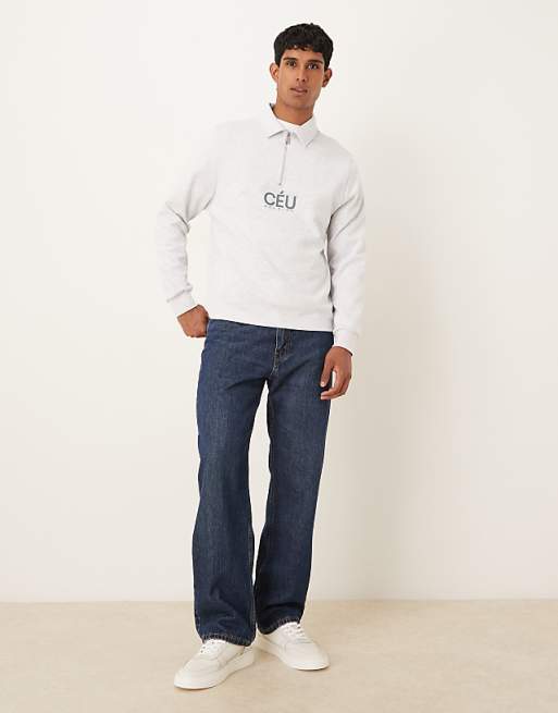 ASOS DESIGN Standard Fit Scuba-style Fabric 1/4 Zip Sweatshirt With Print In Grey Marl