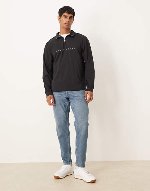 ASOS DESIGN Standard Fit Scuba-style Fabric 1/4 Zip Sweatshirt With Print N Black