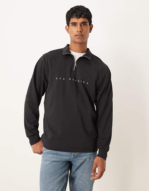 ASOS DESIGN standard fit scuba-style fabric 1/4 zip sweatshirt with print n black