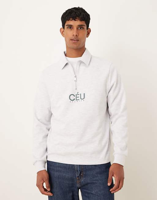 ASOS DESIGN standard fit scuba-style fabric 1/4 zip sweatshirt with print in grey marl