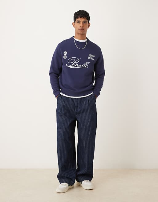 ASOS DESIGN Standard Fit Sweatshirt With Sports Chest Print In Navy