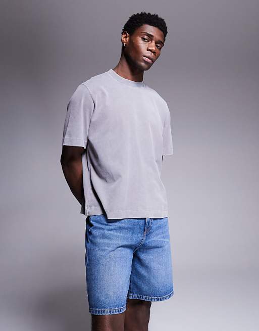 ASOS DESIGN Standard Length Denim Jort In Mid Wash Blue