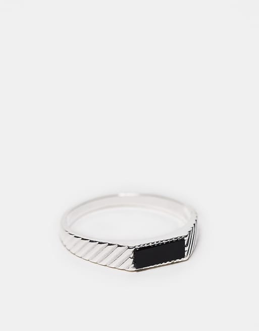 ASOS DESIGN sterling silver black stone signet ring in silver