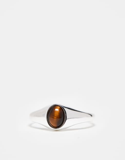 ASOS DESIGN Sterling Silver Signet Ring With Semi-precious Tigers Eye Stone In Silver