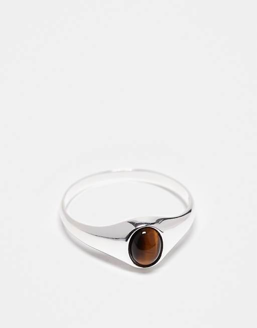 ASOS DESIGN sterling silver signet ring with semi-precious tigers eye stone in silver