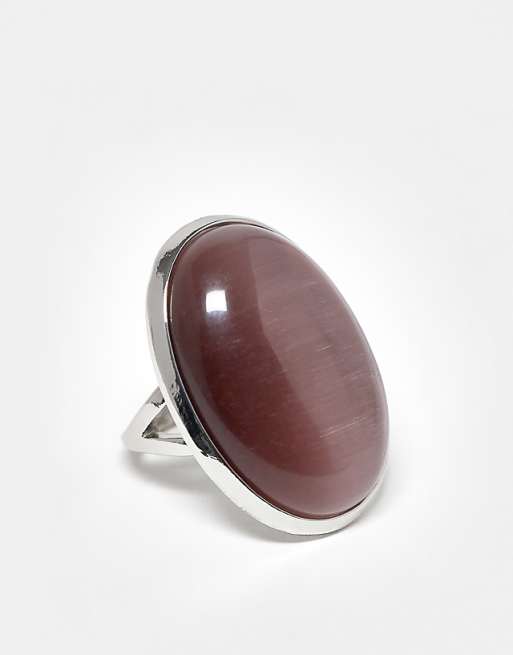 ASOS DESIGN stone-set ring with mauve cat-eye stone in silver tone