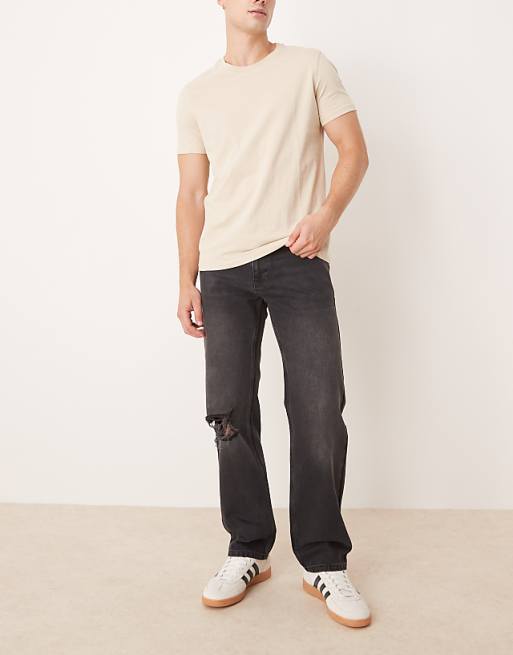 ASOS DESIGN straight fit jeans with rips in black wash
