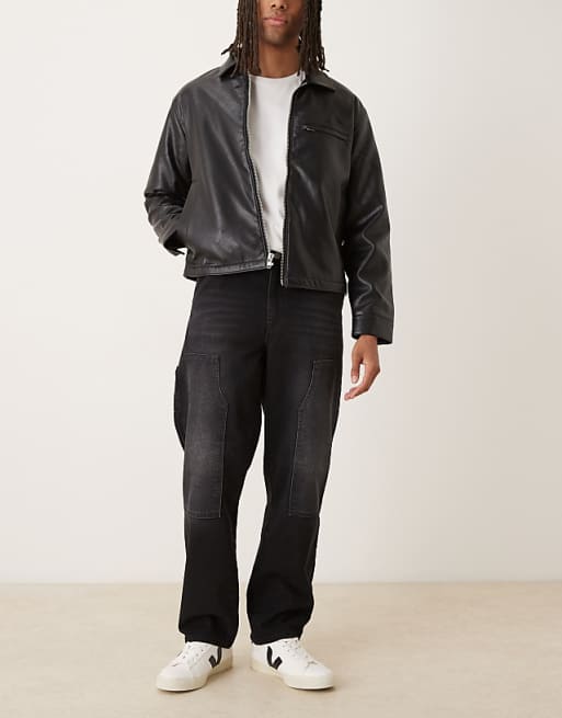 ASOS DESIGN straight jeans in black wash with carpenter details
