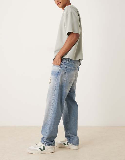 ASOS DESIGN Straight Jeans In Mid Wash Blue With Rips
