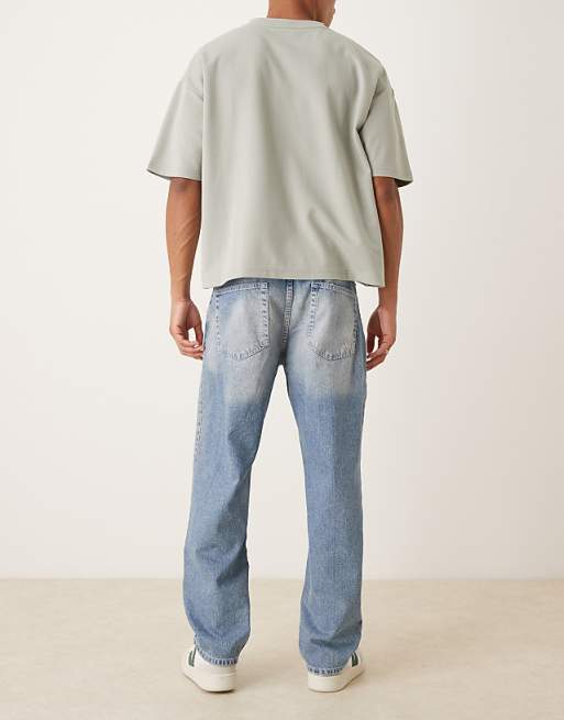 ASOS DESIGN Straight Jeans In Mid Wash Blue With Rips
