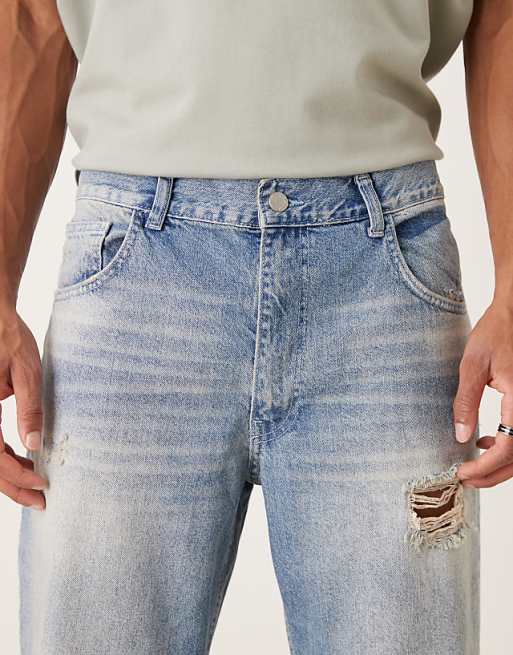 ASOS DESIGN Straight Jeans In Mid Wash Blue With Rips