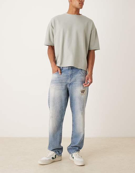ASOS DESIGN straight jeans in mid wash blue with rips