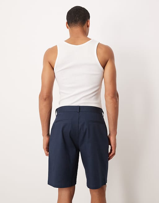 ASOS DESIGN Straight Leg Chino Short In Navy Linen Look