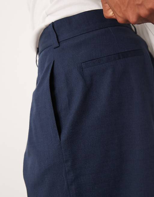 ASOS DESIGN Straight Leg Chino Short In Navy Linen Look