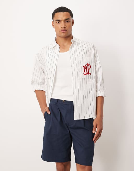 ASOS DESIGN Straight Leg Chino Short In Navy Linen Look