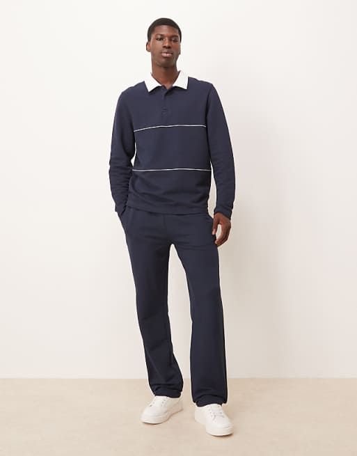 ASOS DESIGN Straight Leg Pique Joggers With Side Piping In Navy
