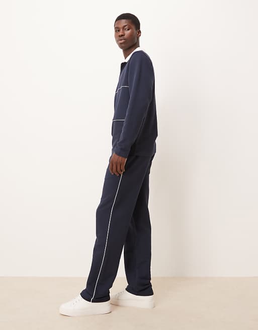ASOS DESIGN Straight Leg Pique Joggers With Side Piping In Navy