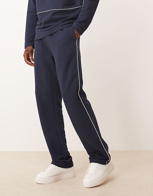 ASOS DESIGN straight leg pique joggers with side piping in navy