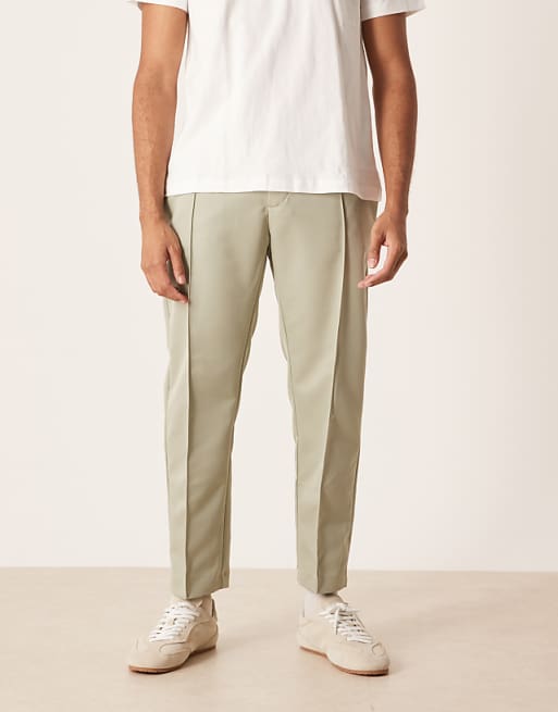 ASOS DESIGN straight leg smart cropped trouser with pintuck detail in sage green