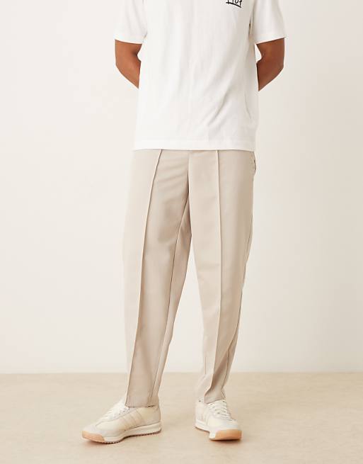 ASOS DESIGN straight leg trouser with elasticated waist band and pintucks in stone