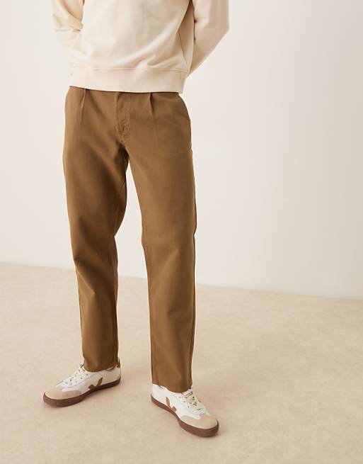 ASOS DESIGN Straight Leg Trousers In Khaki With Pleats