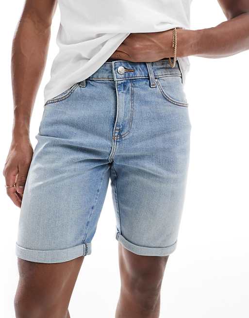 ASOS DESIGN Straight Slim Denim Short In Light Wash Blue