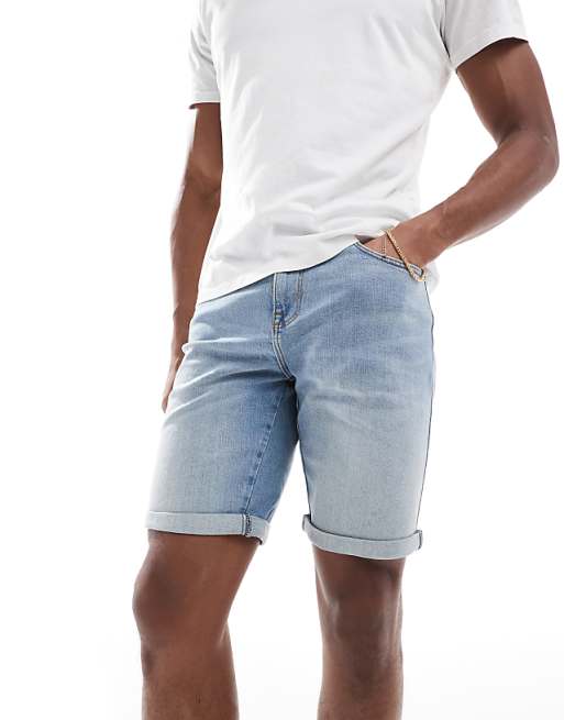 ASOS DESIGN Straight Slim Denim Short In Light Wash Blue