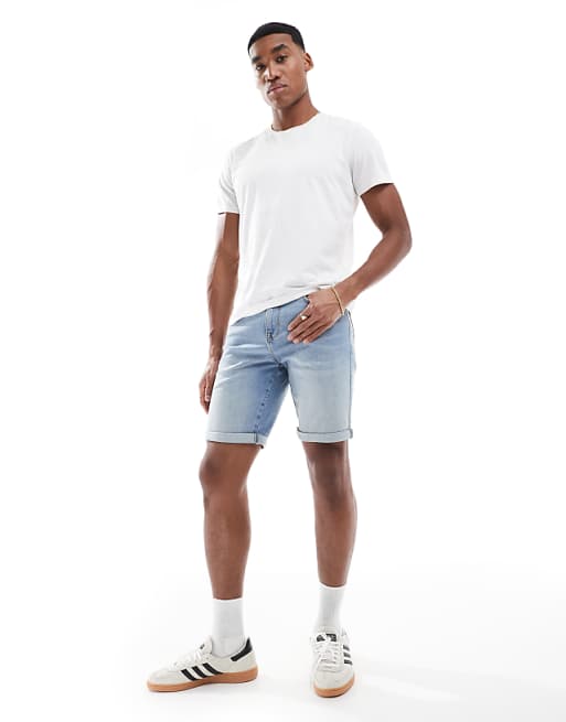 ASOS DESIGN straight slim denim short in light wash blue