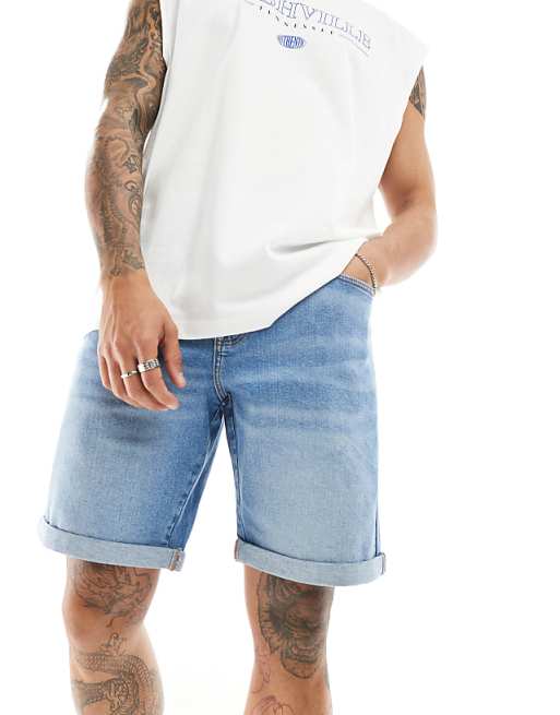 ASOS DESIGN Stretch Slim Regular Length Denim Short In Vintage Light Wash Blue