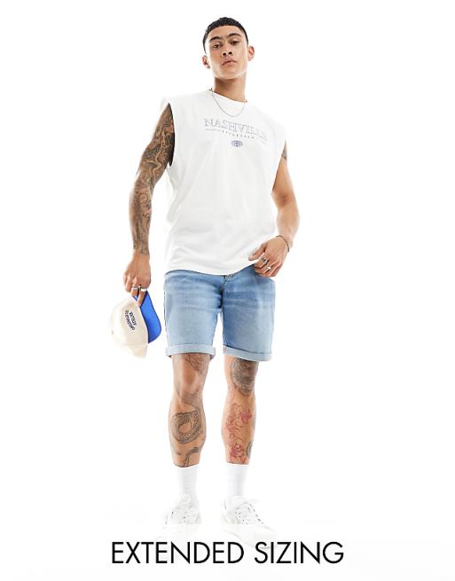 ASOS DESIGN stretch slim regular length denim short in vintage light wash blue