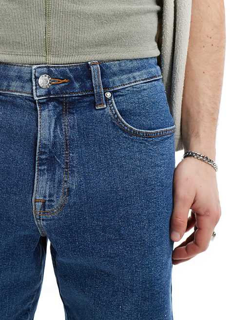 ASOS DESIGN Stretch Slim Regular Length Denim Short In Mid Wash Blue